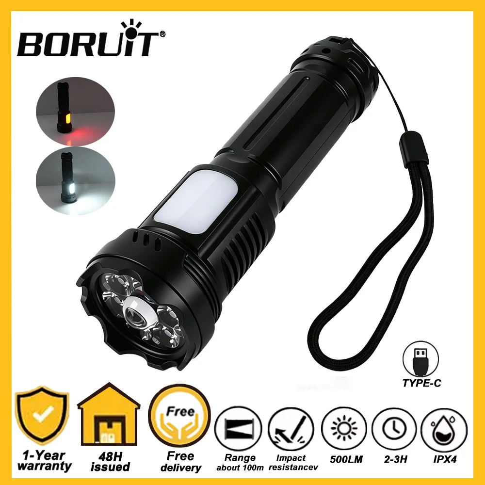 

BORUiT Powerful Tactical Flashlight USB Charging 9 Modes Waterproof LED Torch Portable for Camping Fishing Emergency Use