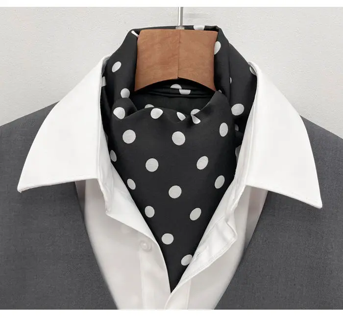 Men's British Retro Black and White Polka Dot Business Casual Small Scarf Versatile Long Scarf Decorative Neck Scarf Wide Tie