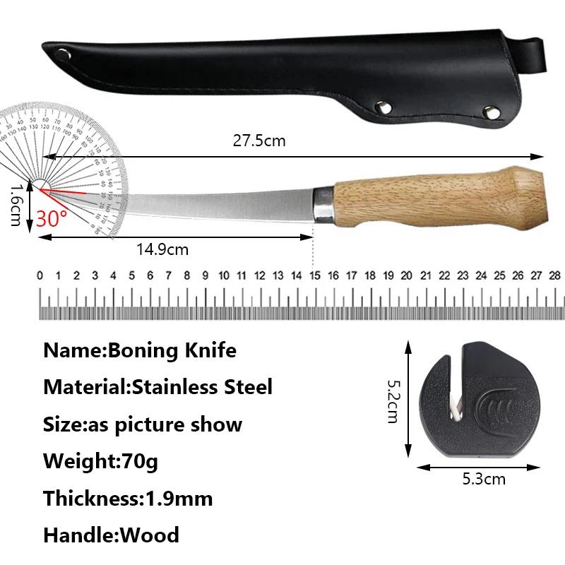 Stainless Steel Fishing Knife Kitchen Bone Meat Fish Sushi Knife Fruit Vegetables Cutting Tool with Knife Cover Sharpener