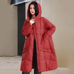 Women's Down Parker Winter Coat Female Pockets Loose Hooded Down Jacket Solid Color Simplicity Snow Mid-length Puffer Coats