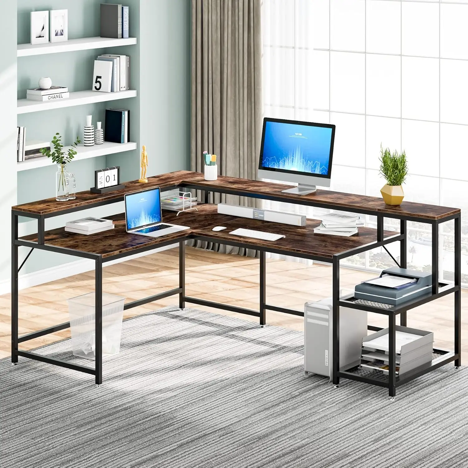 L Shaped Desk with Monitor Stand, Storage Shelf, Industrial Computer Table, Writing Desk for Home Office, 69 Inch