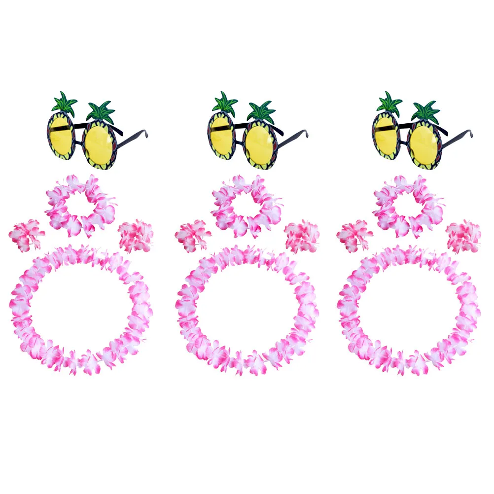 

3Sets Floral Wreath Hawaiian Garland Set Pink Artificial Flowers Durable Comfortable Summer Luau Party Photography Prop Tropical