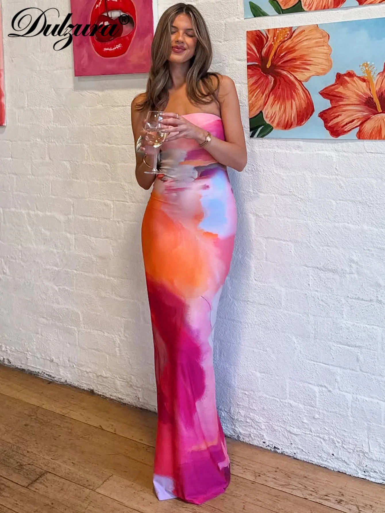 Dulzura Women'S Chest Wrapping Backless Bodycon Print Maxi Dress Sexy Elegant Casual Tube Dress Party Club Street Summer Clothes