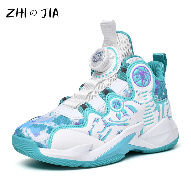 

New Children's Footwear Boys Rotating Buckle Anti slip Durable Basketball Shoes Youth Fashion Trend Printed Leather Sneakers