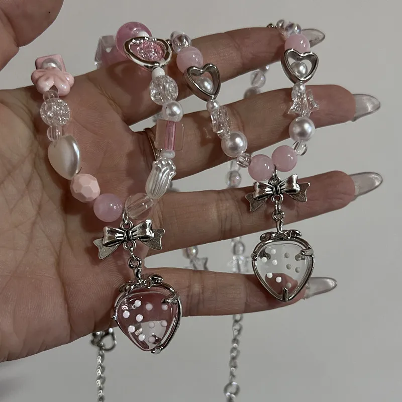 Coquette cottagecore strawberry bow necklace pearl fairycore heart pink white