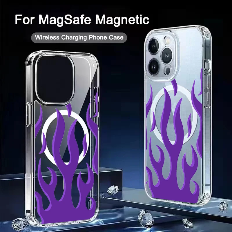 

Creative Fashion Flame Fire Pattern Magnetic Magsafe Transparent Phone Case For iPhone 16 15 14 13 12 11 Pro Max 15 16Pro Fundas