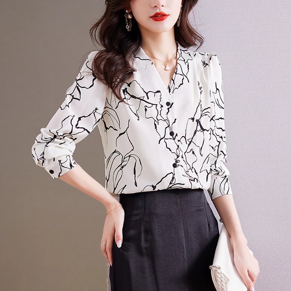 2024 New Women Clothing Loose Chic Printed Elegant Simple Blouse Office Lady V-Neck Fashion Chiffon Shirt Casual Tops Femme