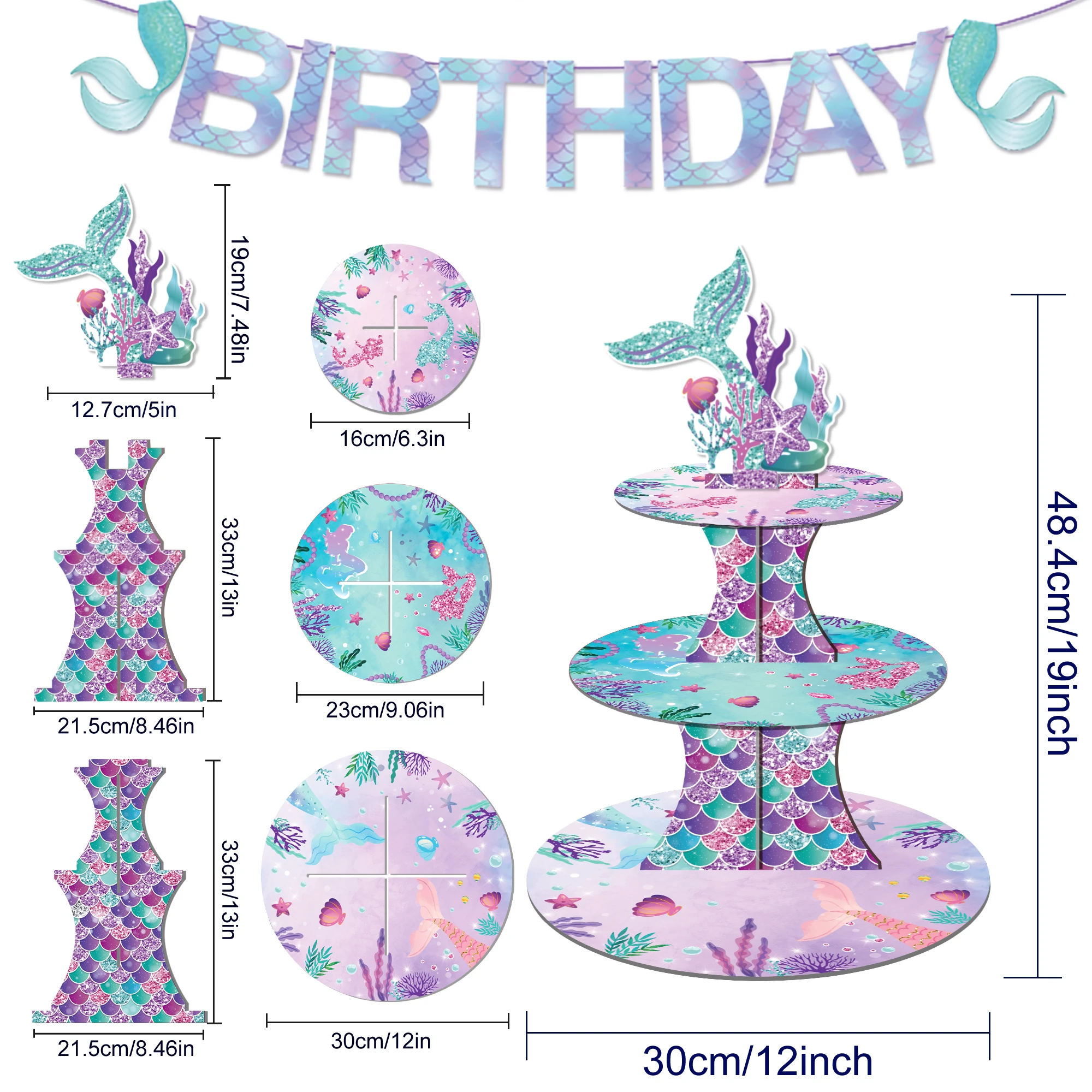 3Tier Cartoon Mermaid Tail Party Cake Display Stand Under The Sea Birthday Cupcake Rack Holder Baby Shower Party Cake Tray Decor