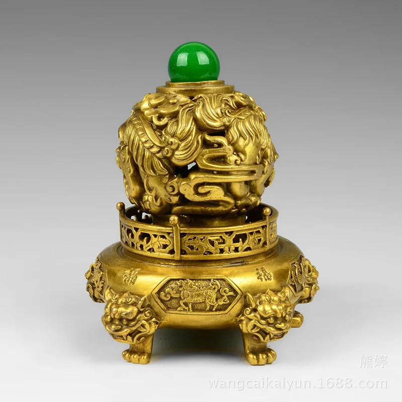 Bronze Nine-Turn Heaven and Earth Cauldron Ornament, Lion Cauldron Decoration, Double Lions Playing with Pearls, Home Decor Craf