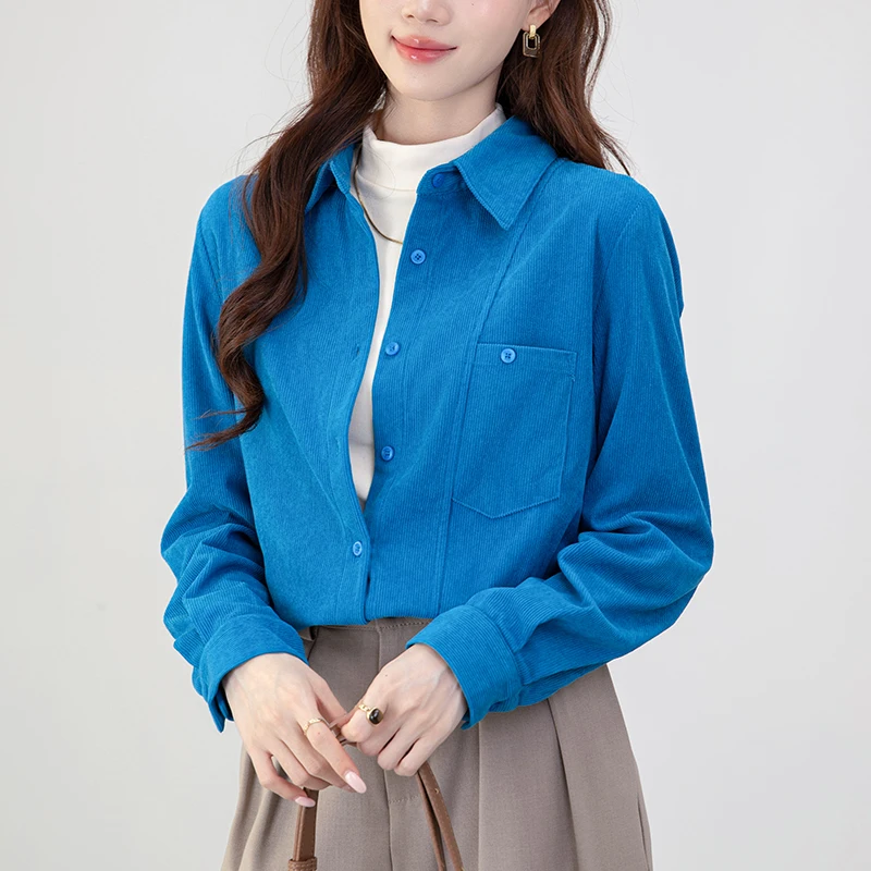 Autumn Winter Vintage Corduroy Women's Blue Blouses One Pocket Single Breasted Office Casual Loose Shirts Tops Female 2025 New