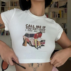 2024 Vintage Classic Fashion T-shirt Slim Short Sleeve Car Print Women's Crop Top Summer Graphic Streetwear Clothes