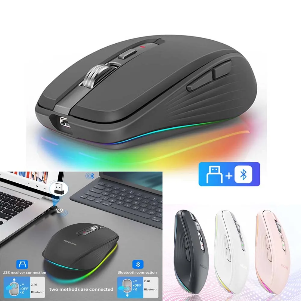 with Bluetooth BT 5.1 + 2.4G Wireless Dual Mode Mouse Rechargeable PC Gaming Mouse 2400DPI Adjustable Noiceless Gamer Mouse