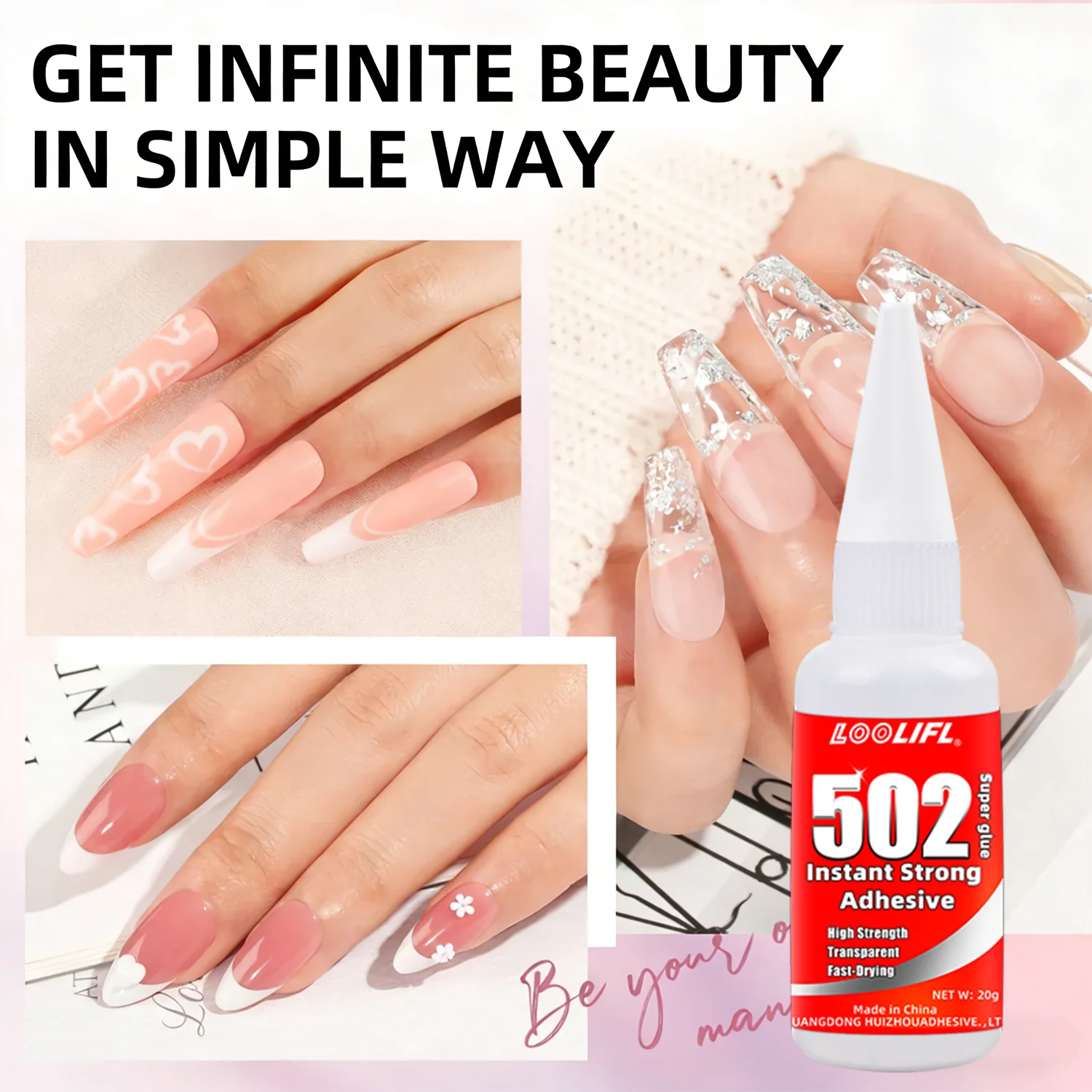 Adhesivo fuerte de 20g, pegamento para uñas súper fuerte, adecuado para gel de puntas de uñas suaves de secado rápido, adecuado para principiantes en el arte de las uñas, removible, pegamento instantáneo Loctite