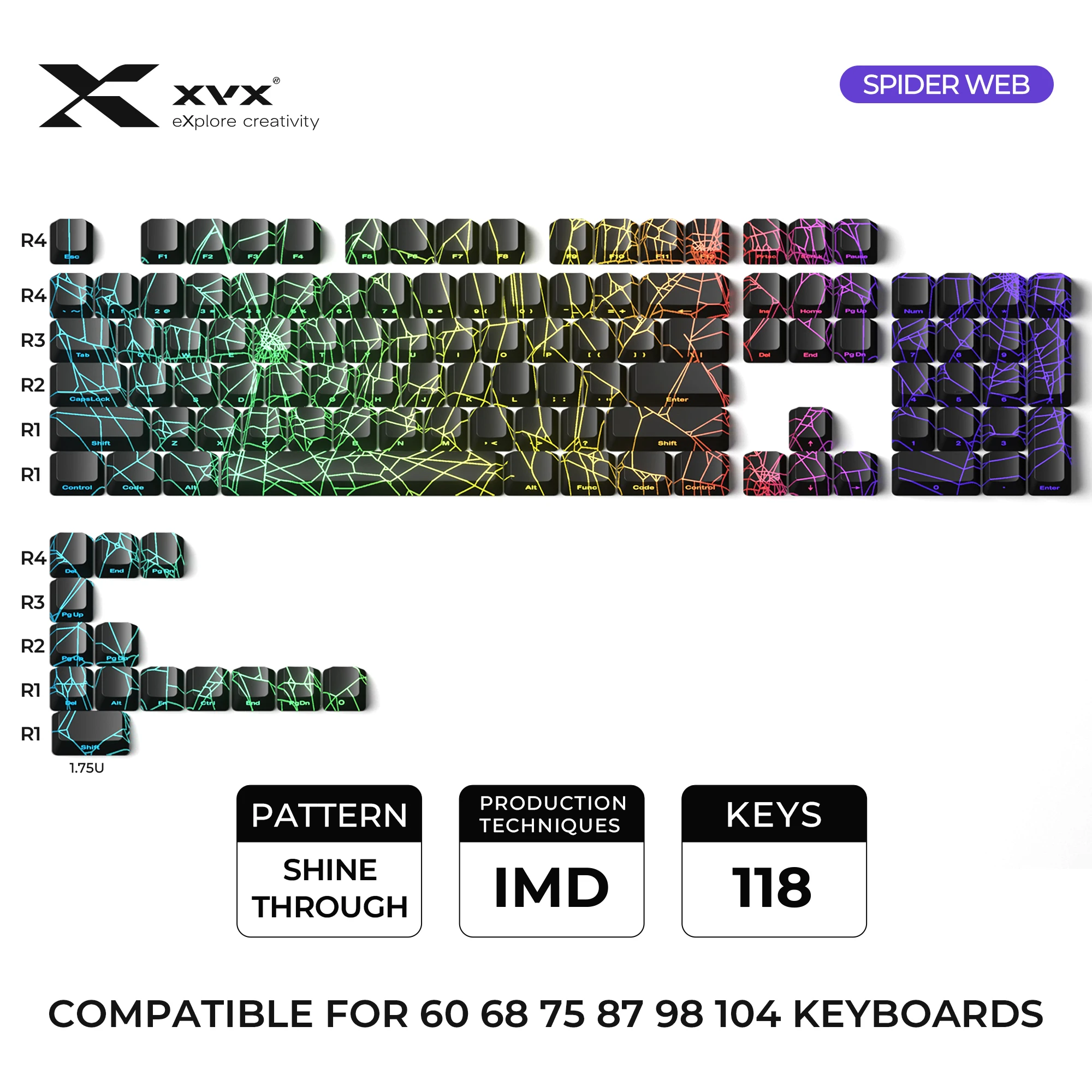 XVX SPIDER WEB Version Pattern Shine Through OEM Profile IMD-Tech Keycap Set 118 Keys Black Backlight Keycaps