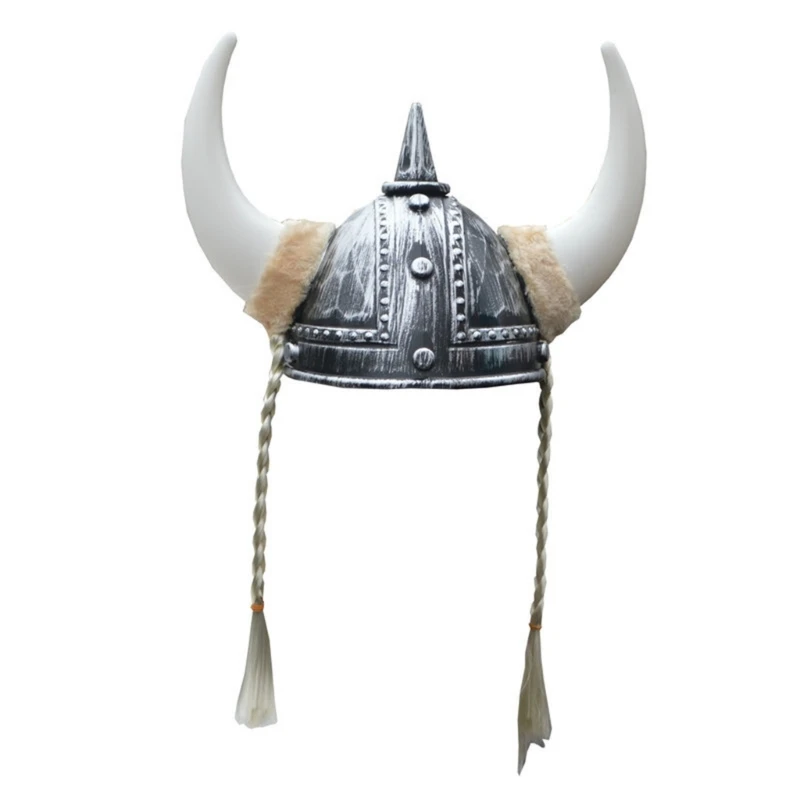 MedievalWarrior kask kapelusz na imprezę tematyczną dla dorosłych Viking kask z rogami warkocz na występy sceniczne rekwizyty na przyjęcia czapka