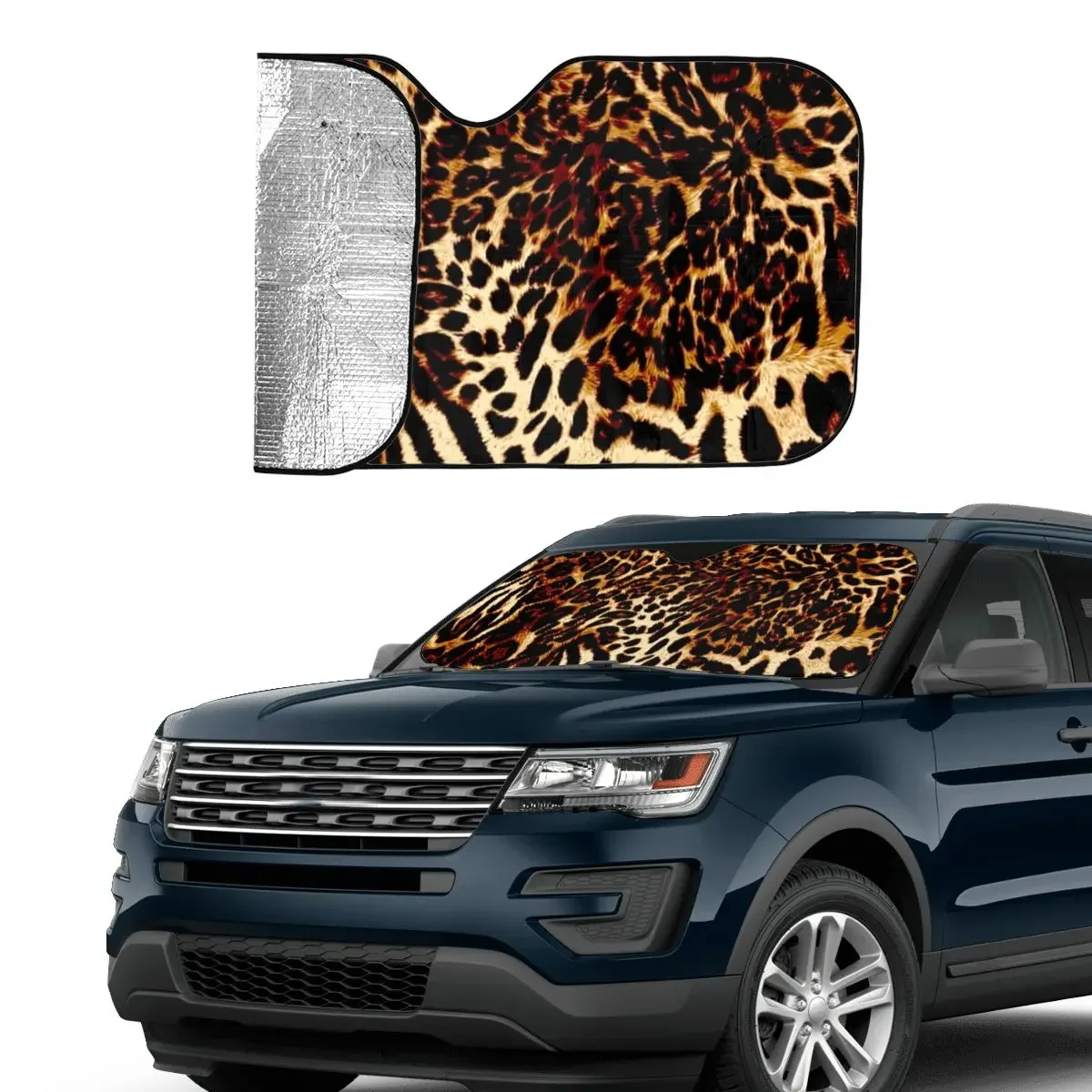 Leopard Fine Art Pattern Print Funny Windshield Sunshade 76x140cm Animal Skin Texture Aluminium Foil Car Sunshade Blinds