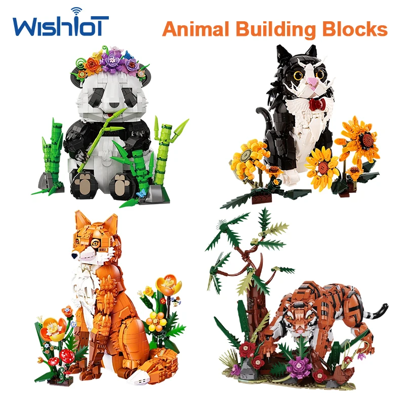 Cute Animal Building Blocks Fox Panda Tiger Sunflower Flower Model Bricks DIY Desktop Ornament Toy for Girls Birthday Gift