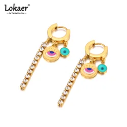 Lokaer Vintage Stainless Steel Turkish Eye Fashion CZ Crystal Hoop Earrings Unique Trendy Personality Jewelry For Women E23199