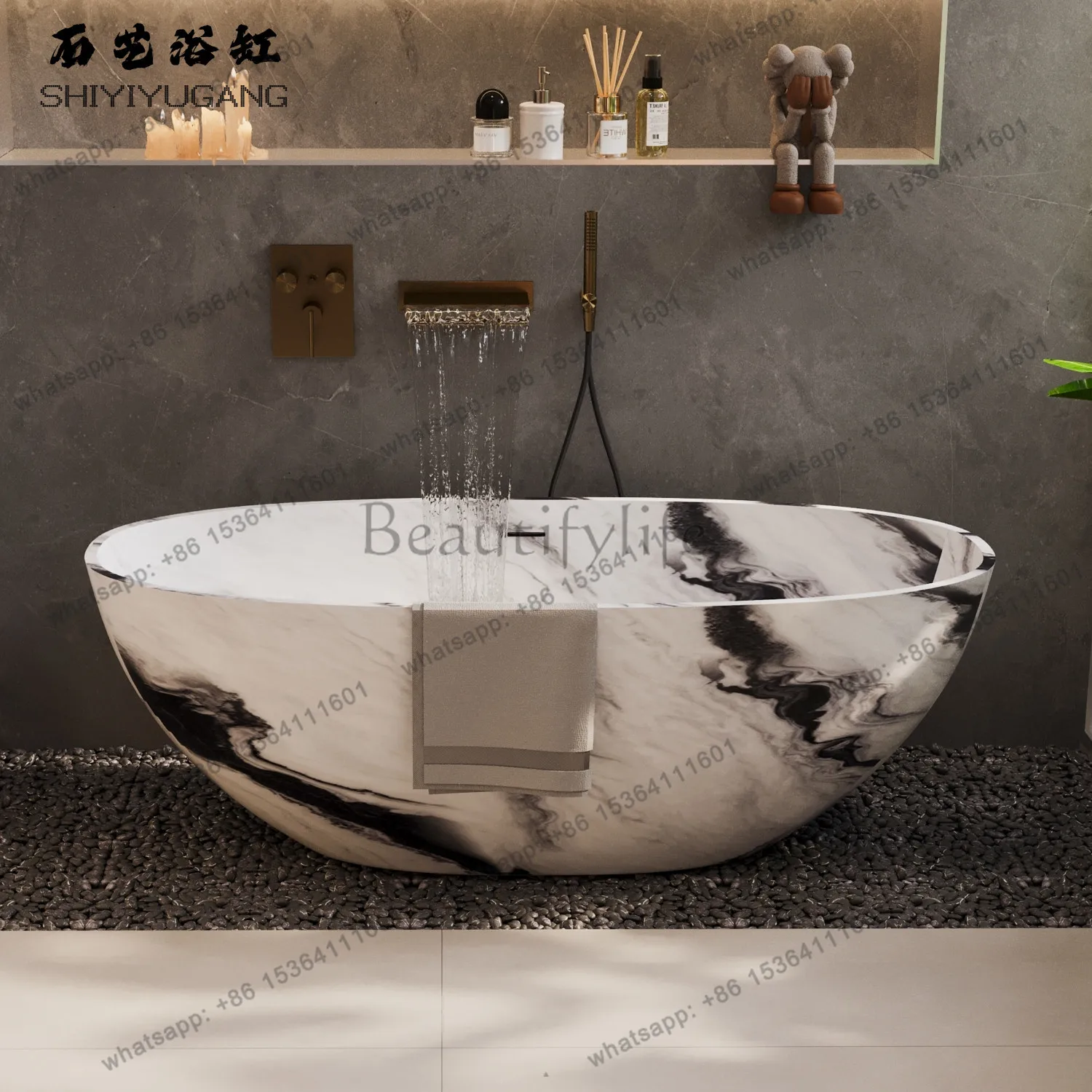 Panda White Freestanding Artificial Stone Oval Bathtub B & B Hotel Household Deep Soaking Bathtub