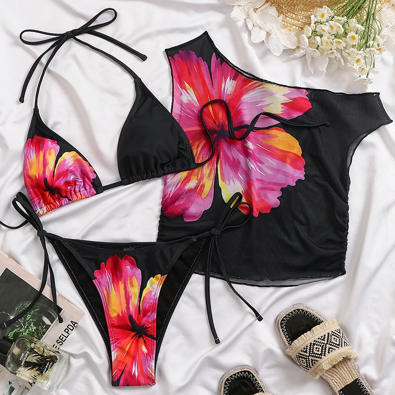 

With Cover Up Flower Printed Halter Bikini Women Swimwear Female Swimsuit Three-pieces Bikini set Bather Bathing Suit Swim
