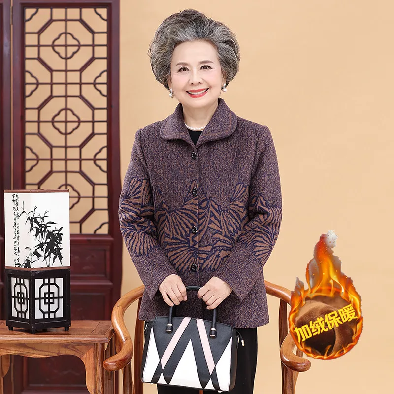 Thick Velvet Middle-Aged Elderly Mother Autumn Winter New Woolen Coat Lapel Single-Breasted Wool Ladies Jacket Women's Overcoat