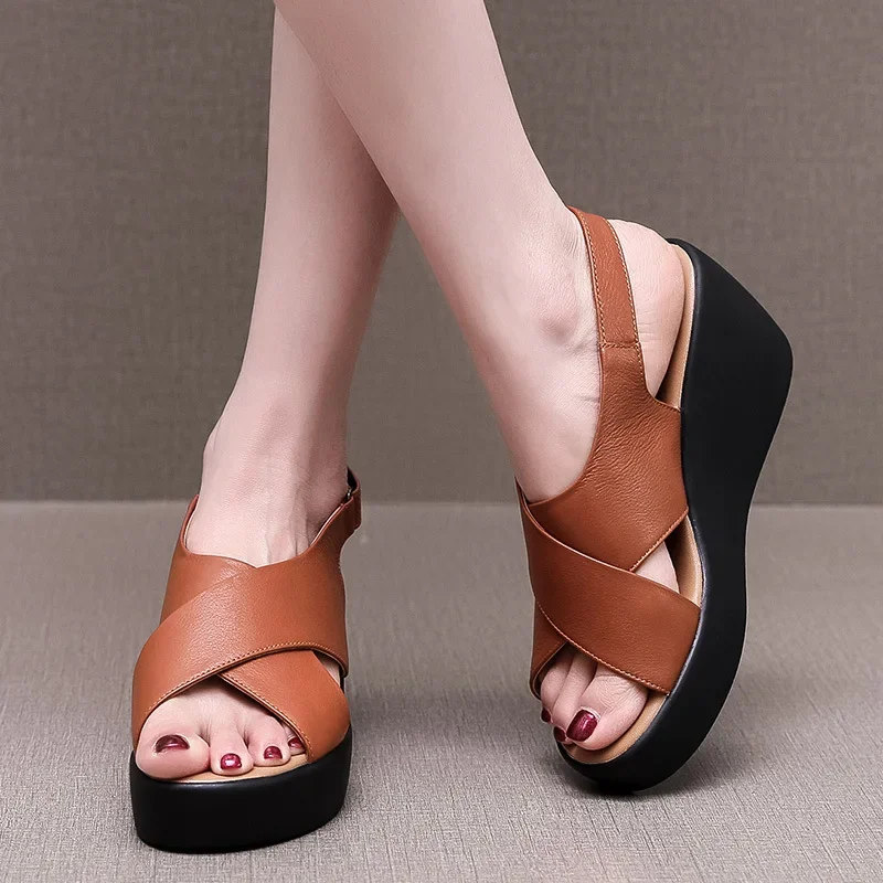 6cm Comfortable Breathable Genuine Leather Sandals Women Shoes 2024 Summer Med Heels Platform Wedges Sandals for Office Mom