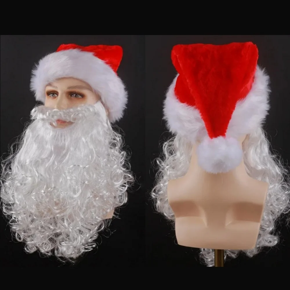 Weihnachtsmann langer lockiger Bart für Erwachsene, weißer gefälschter Bart und Weihnachtsmütze, Neujahrsparty, Weihnachtsdekoration, Cosplay-Requisiten-Set