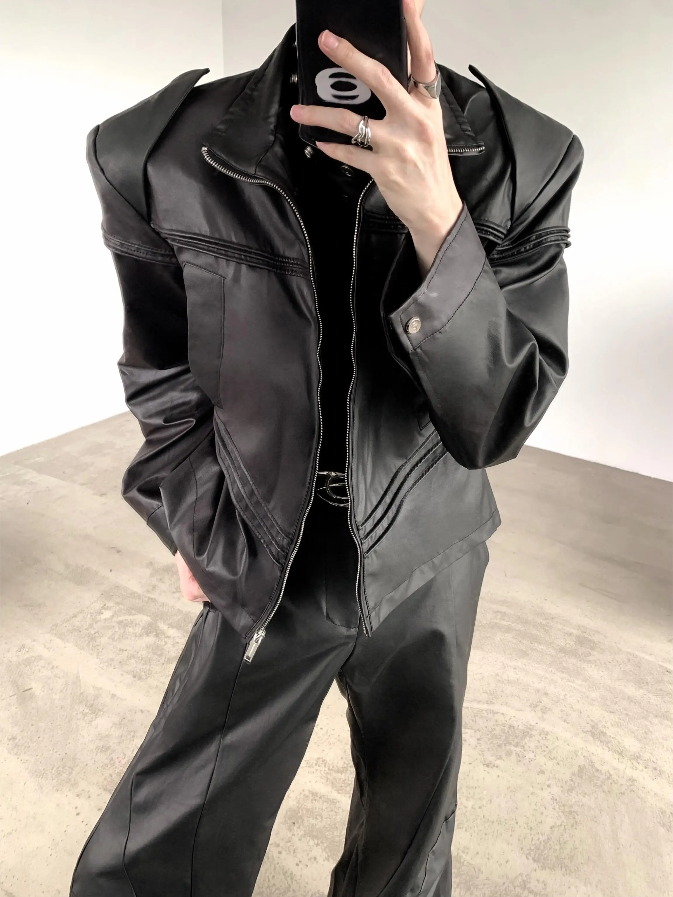 Black Leather Jacket Men's Shoulder Padded Punk Deconstructed Design Autumn Mountain Style Outerwear Fashionable Youth 