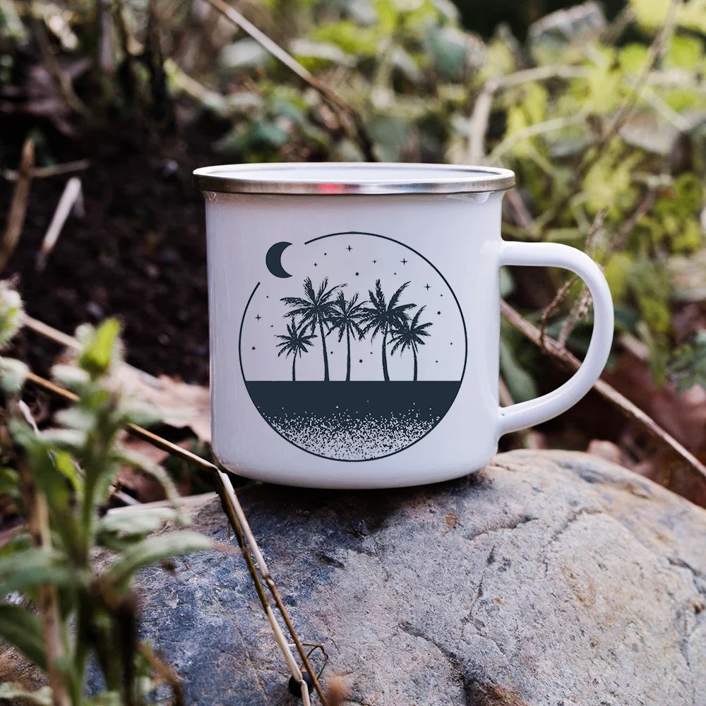 Sunset Forest Creek Creative Enamel Coffee Mugs Outdoor Travel Water Cups Camping Bonfire Party Beer Drink Milk Mug Best Gifts