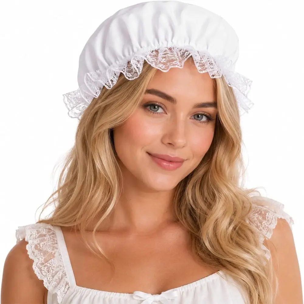 Fashion Lace Trim Mob Cap Elastic Band Stretchable Fit Maid Bonnet Ruffled Brim Colonial Bonnet Historical Costumes