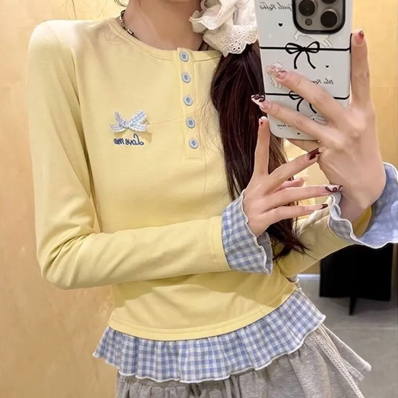 

Korean Slim O-Neck Button T-shirts Female Clothing Plaid Fashionable Spliced Spring Autumn Long Sleeve Folds Sweet Bow Pullovers