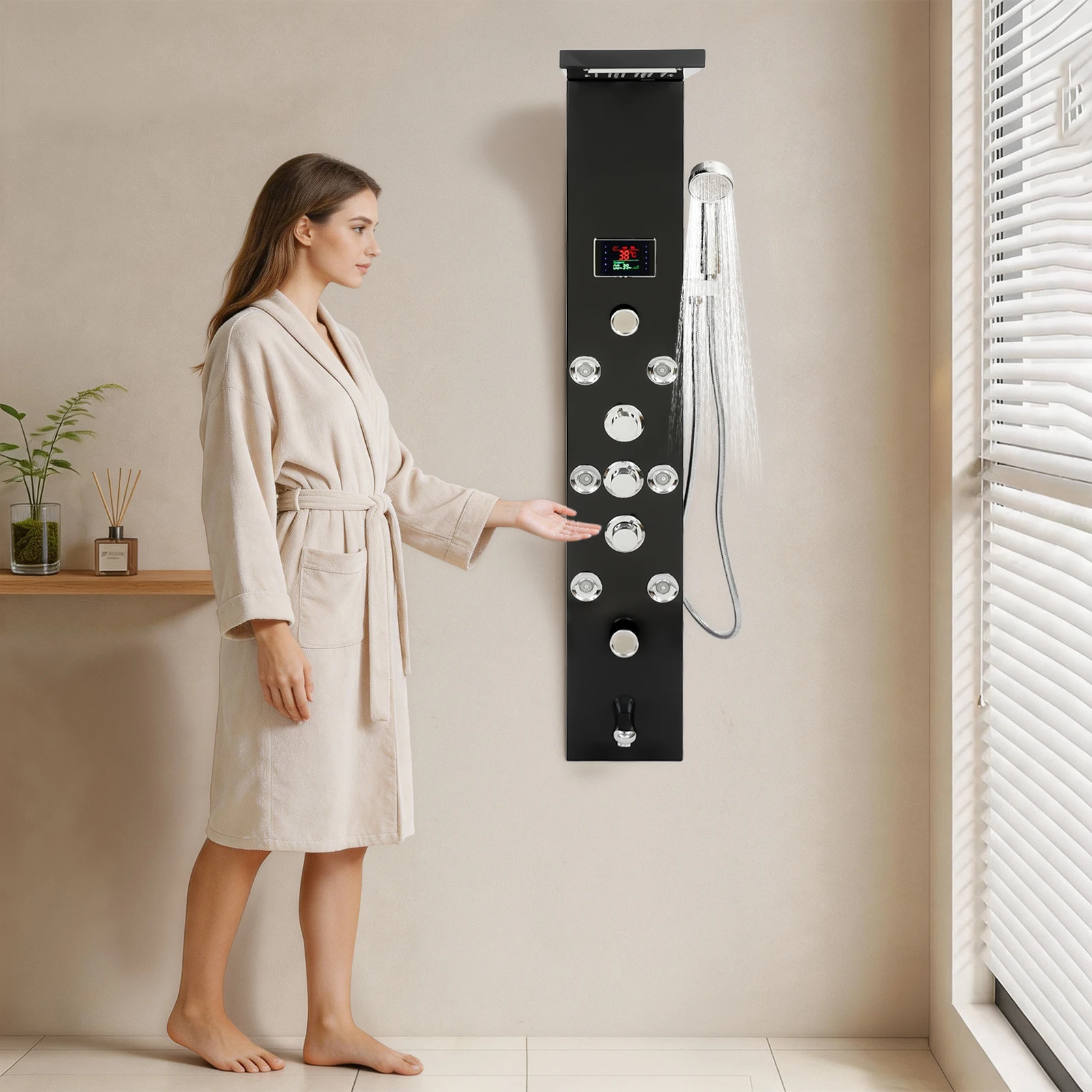 LED Shower Panel Tower System, Hydroelectricity Display Rain Massage Full Body Shower System with Jets, Bathroom 6-Function Shower Tower with LED Rainfall Waterfall Shower Head, Black