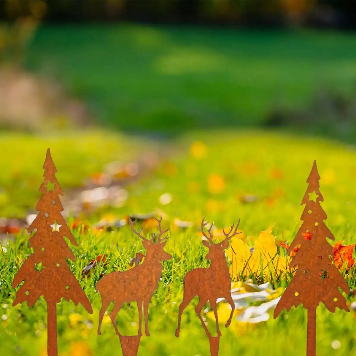 4 قطع من غزال الغابة المصنوع من الحديد الصدئ وزخارف شجرة كبيرة - ديكور حديقة مقاوم للطقس لأواني الزهور/الحديقة