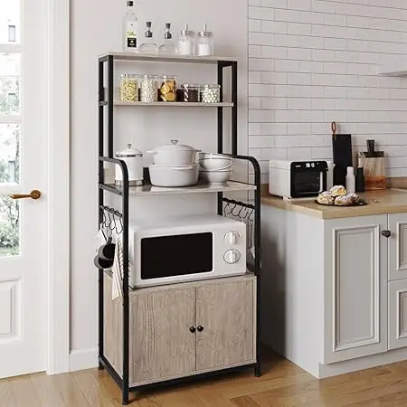 

4-Tier Kitchen Bakers Rack with Storage Cabinet and Hutch, Microwave Oven Stand Coee Bar Pantry Cabinet with 8 S Hooks, reestand