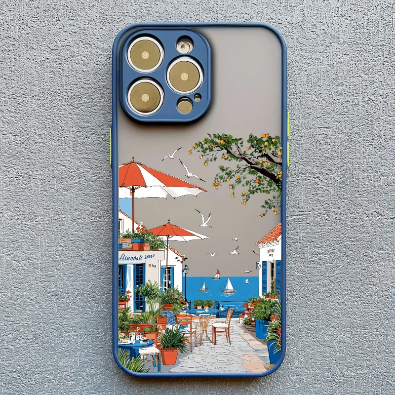 Strandlandschaft Küstenstadt Handyhülle für iPhone 17 15 16 14 Pro Max Plus 13 12 Mini 11 Pro Max XS XR X Blaue Hüllen – Detail 2