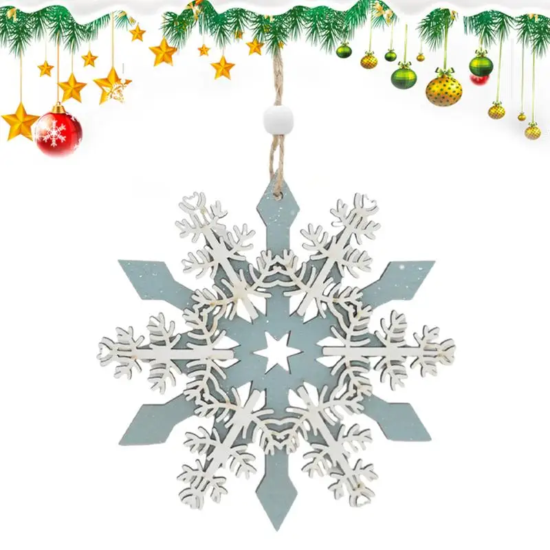 Christmas Tree Snowflake Hanging Ornaments Blue Wooden Snowflakes Shaped Embellishments Hollowed Cutout New Year Decor