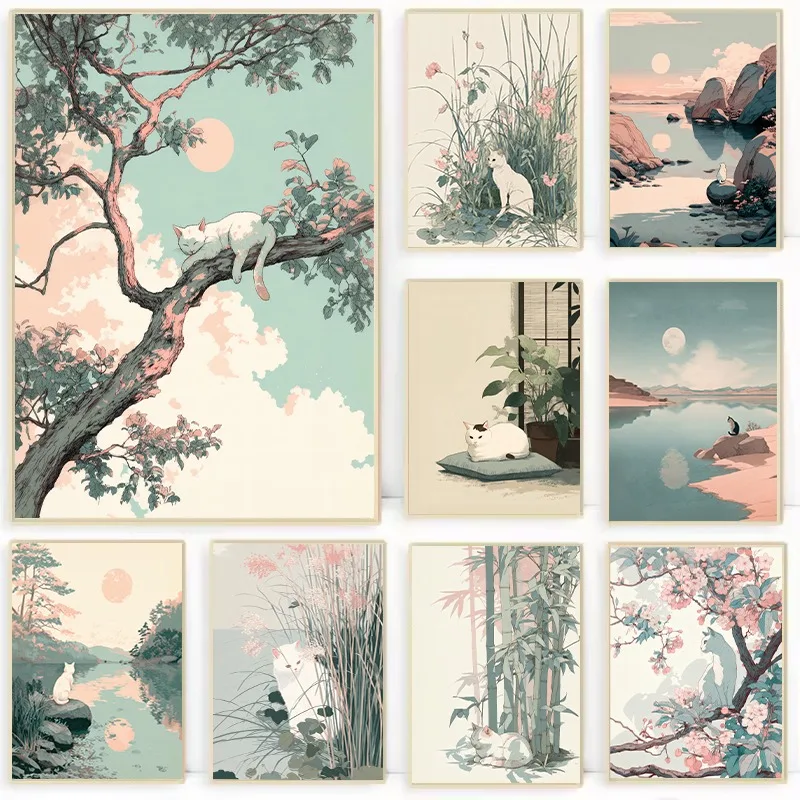 Minimalist Japanese Cat with Flowers Poster Minimalist Japandi Zen Landscape Canvas Painting Wall Art for Living Room Home De