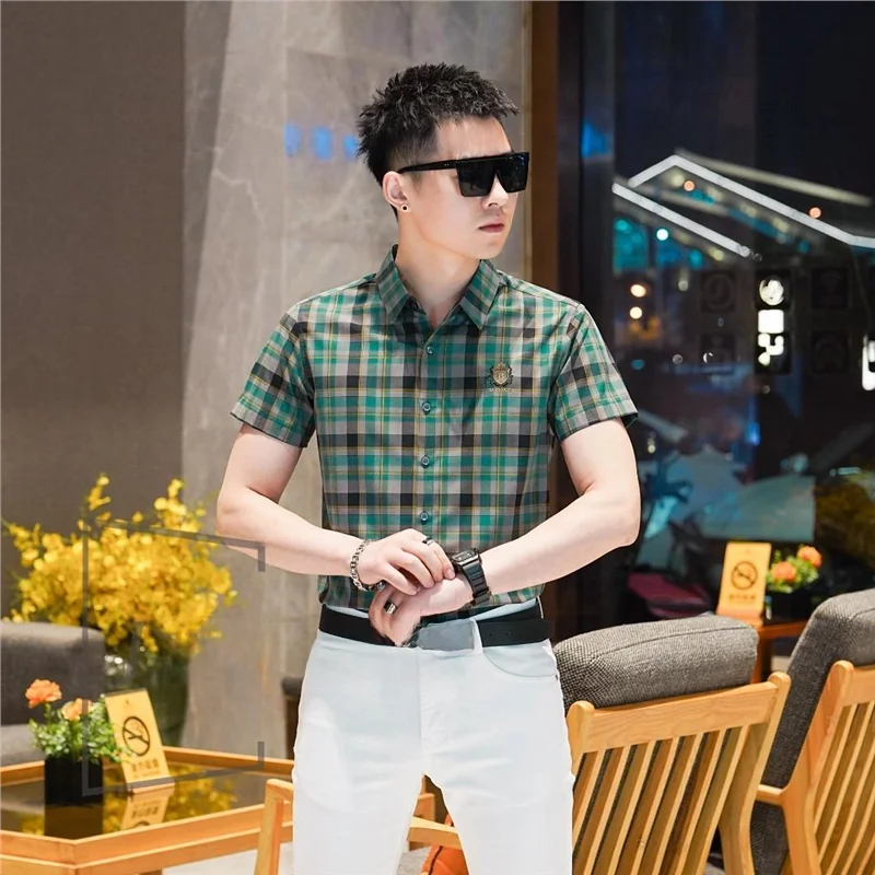 

Классическая мужская рубашка в клетку с коротким рукавом, приталенного кроя, модная, с отложным воротником, повседневная, для путешествий, стандартный крой рукава