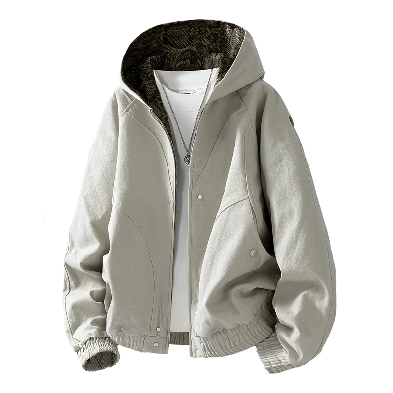 

Oversized Hooded Jacket for Men - Snake Skin Lined Hood, Flap Zip Pockets, Soft Lining & Trendy for Spring Weekend Outings
