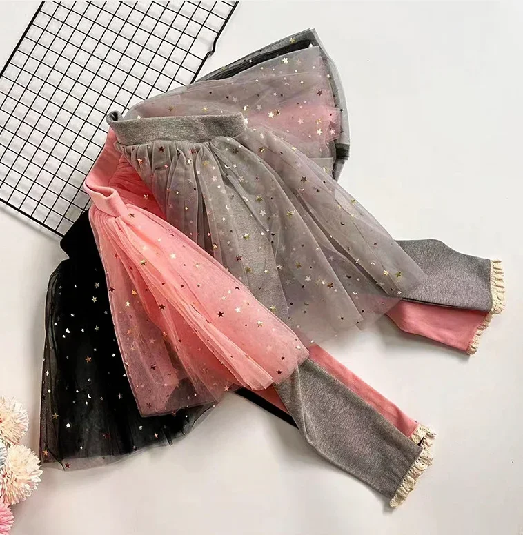Spring Autumn Kids Girls Mesh Sequined Leggings Fake Two Piece Tutu Skirt Pants Princess Skirt Trousers Children Cotton Clothes