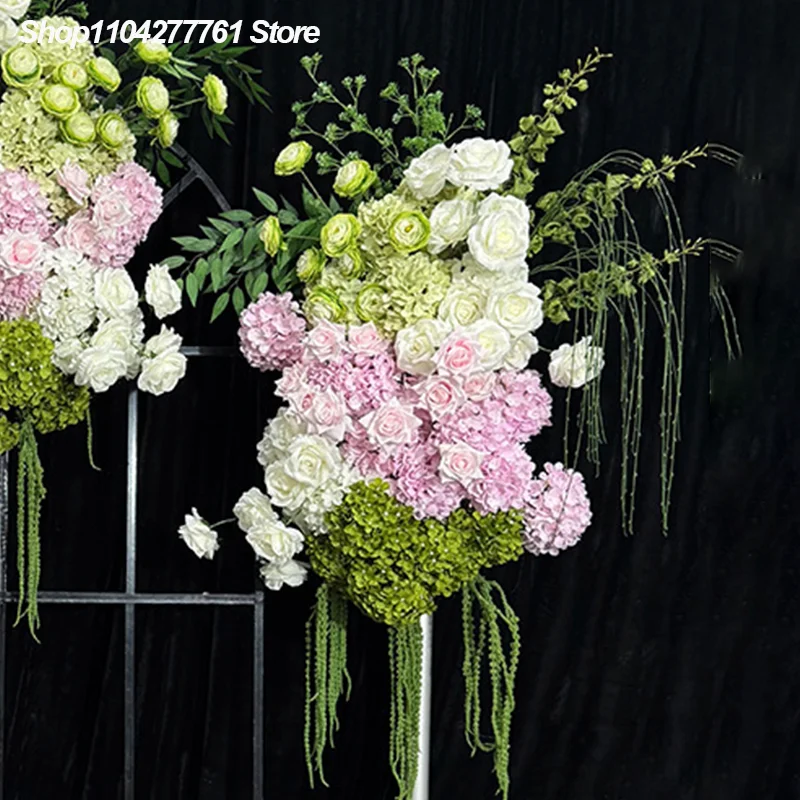 Grün-rosa-weiße Hortensien-Rosen-KT-Platten-Hängepflanze, Hochzeits-Hintergrunddekoration, Blumenarrangement, Event-Requisiten, Bodenblume für den Gang. – Detail 3