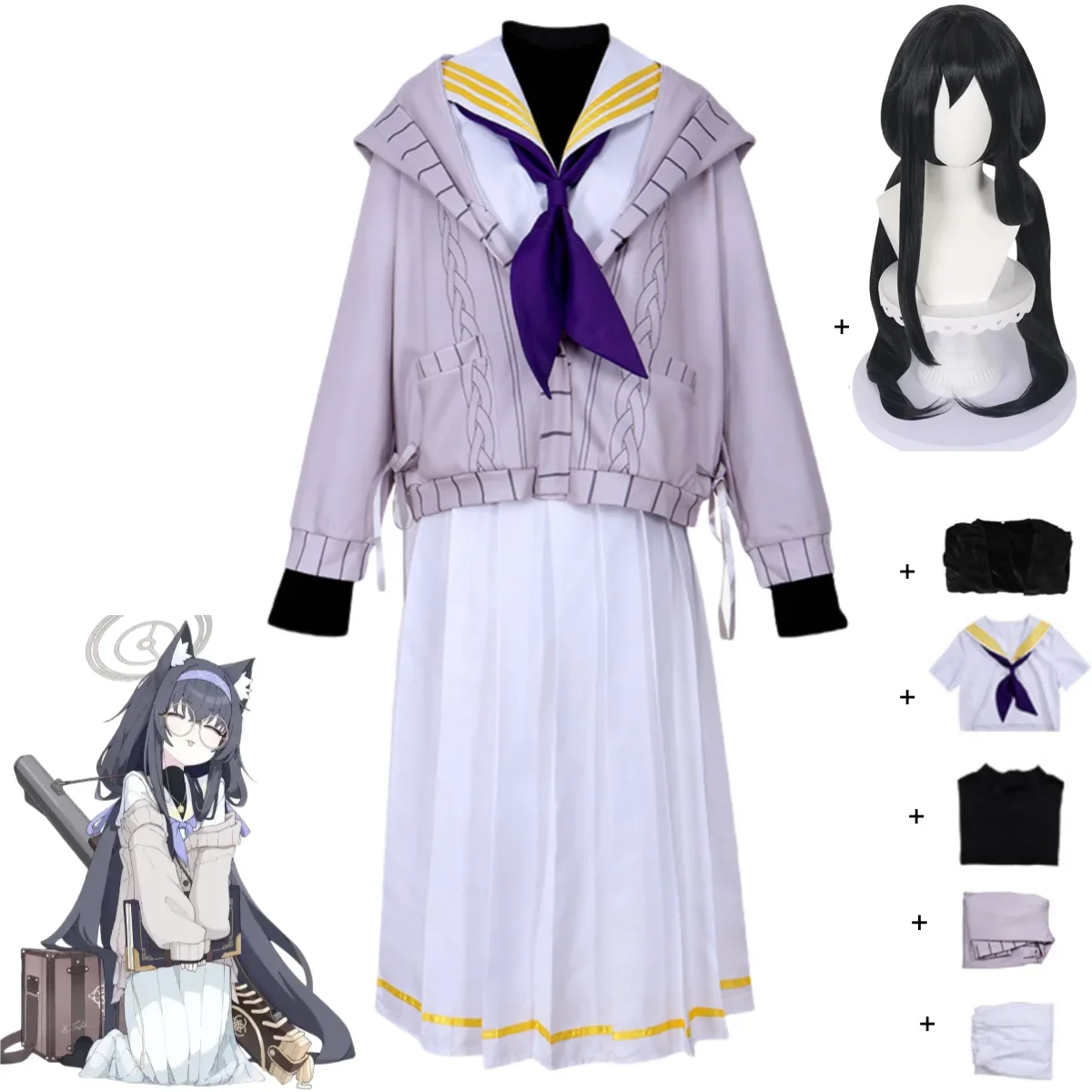 

Anime Game Blue Archive Kozeki Ui Cosplay Costume Hooded Coat Jk School Uniform Shirt Long Skirt Wig Woman Cute Campus Suit