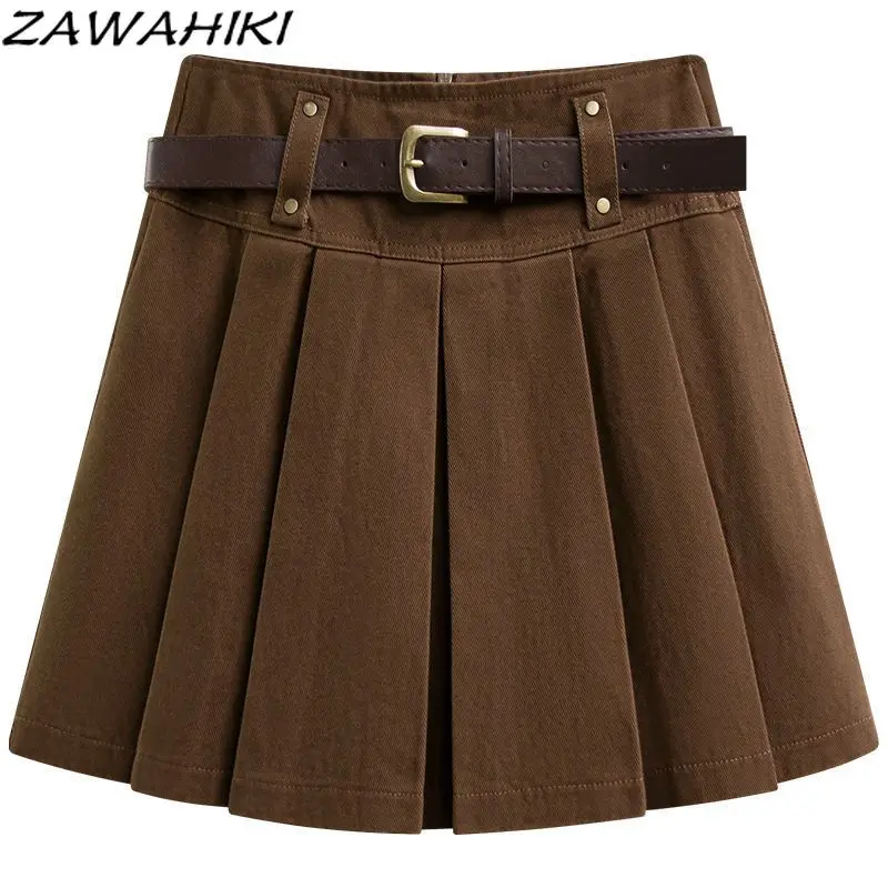 

ZAWAHIKI Pleated Skirt Korean Fashion Solid Color Vintage Spring Fall Elegant Temperament High Waist A-line Short Faldas Mujer