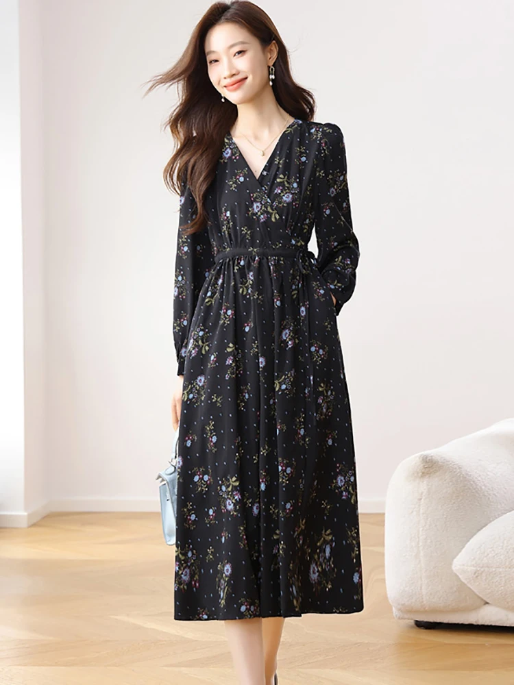 2025 negro Floral de manga larga con cuello en V vestido Midi mujeres Vintage Hepburn vestido de graduación primavera otoño coreano ceñido al cuerpo Festival Vestidos