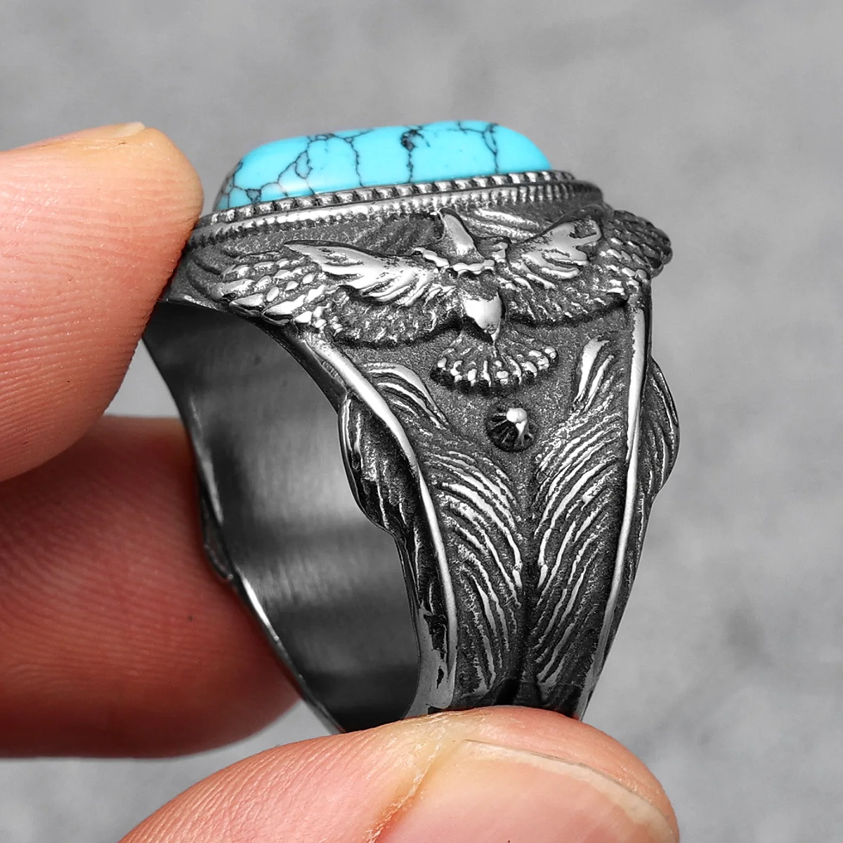 316L Stainless Steel Ring Gemstones Trendy Turquoise Men Rings Eagle Rock Punk for Male Boyfriend Jewelry Best Gift Dropshipping