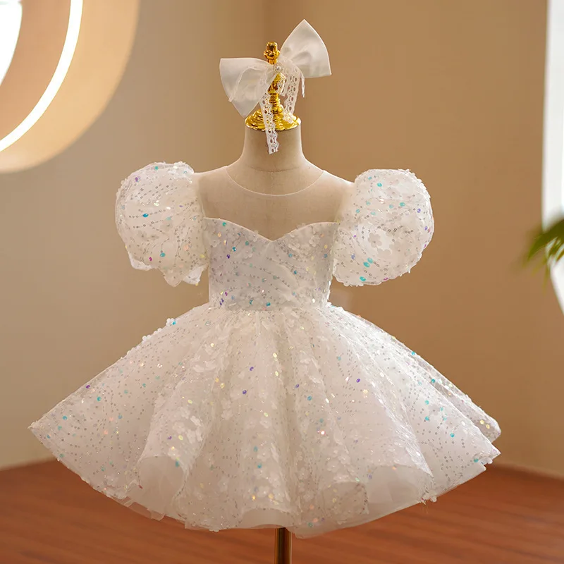 Children's Dress White Puffy Tulle High-End Fashion Show Birthday Princess Dress Stylish Girl Princess Dress Piano Performance C