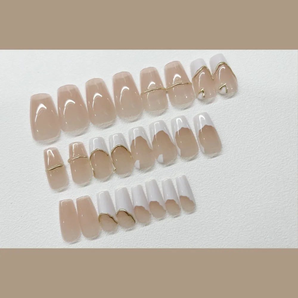 Detachable Wearable Manicure French Fake Nails Square Head Full Cover Press on Nails Gold Thread Long Style Nail Tips Women