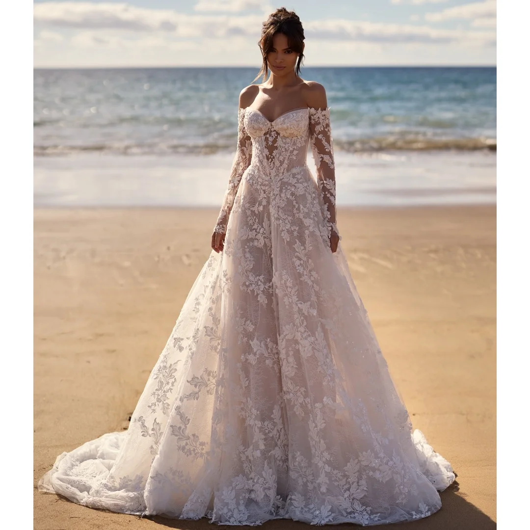 Lange Ärmel Brautkleider Illusion Spitze Korsett Vestido de Novia Hochzeit Party Empfang Kleid Off Schulter Vestidos Angepasst