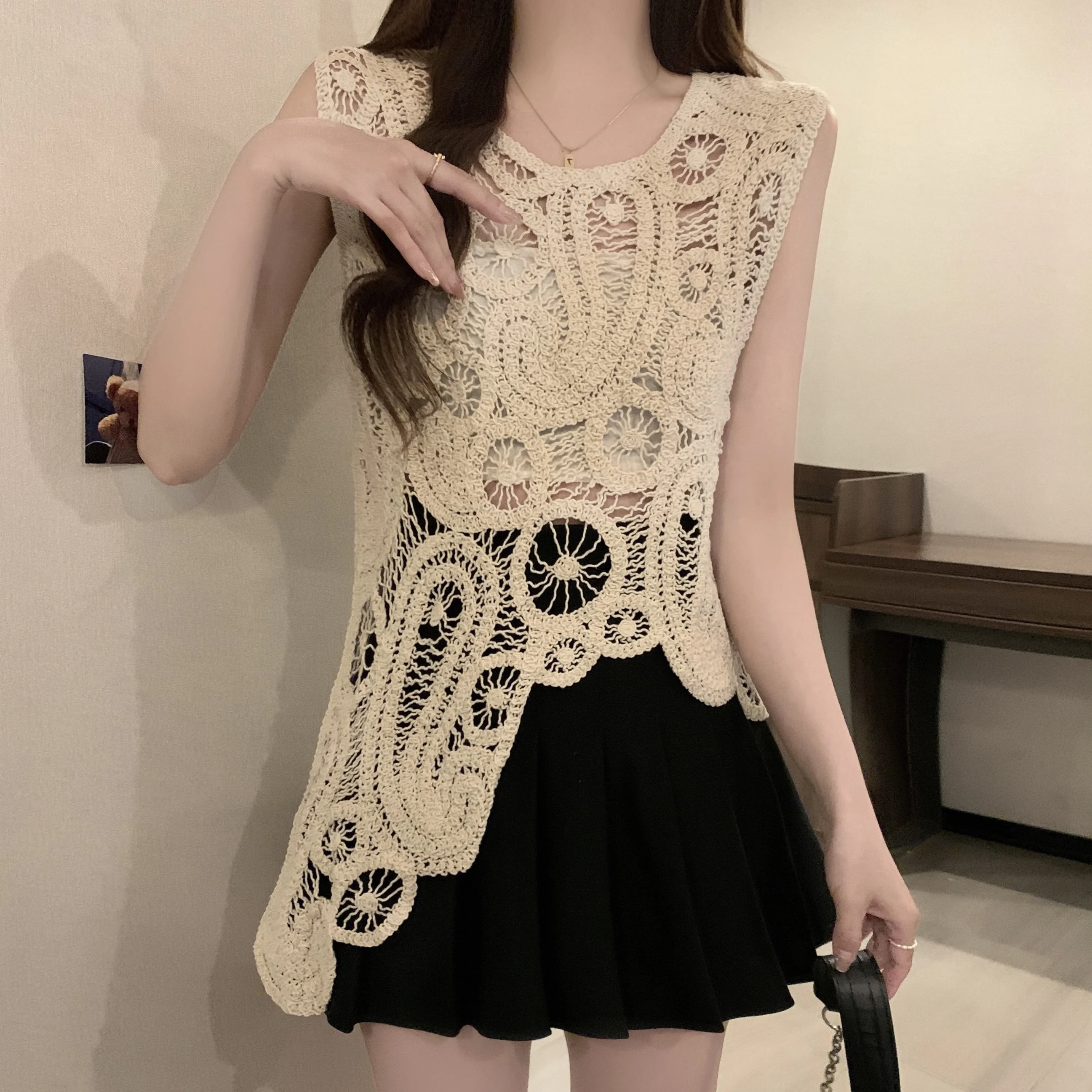 

Женский летний ажурный топ с цветочным узором, многослойный, асимметричный, из полиэстера, с круглым вырезом