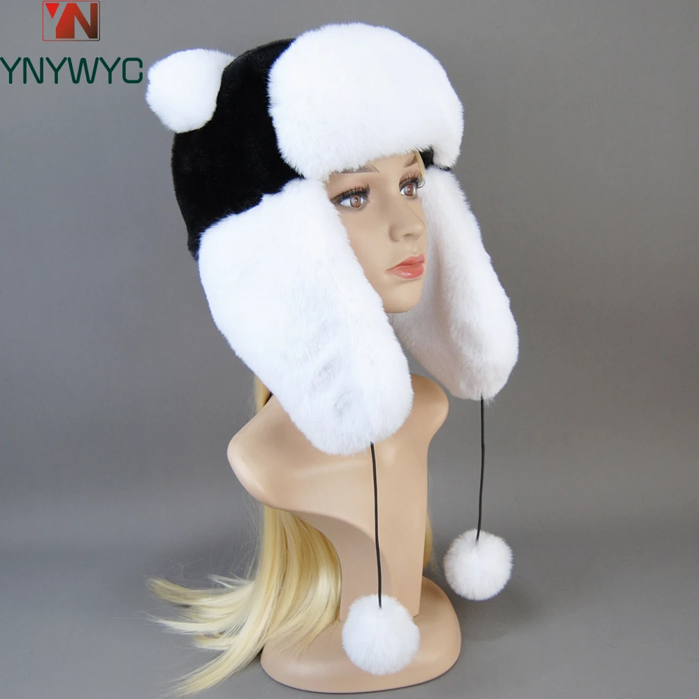 

Hot Sale New Women False Rex Rabbit False Fur Hat Winter Warm Fur Hat Black and White Panda Cute Color Artificial Hat